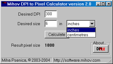 It is a program for calculating pixels from DPI and inch size of a photo.