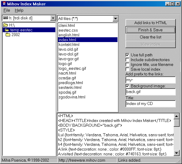 Mihov Index Maker 1.50 screenshot