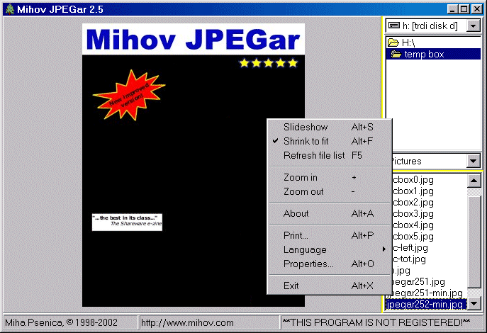 Click to view Mihov JPEGar 2.5 screenshot